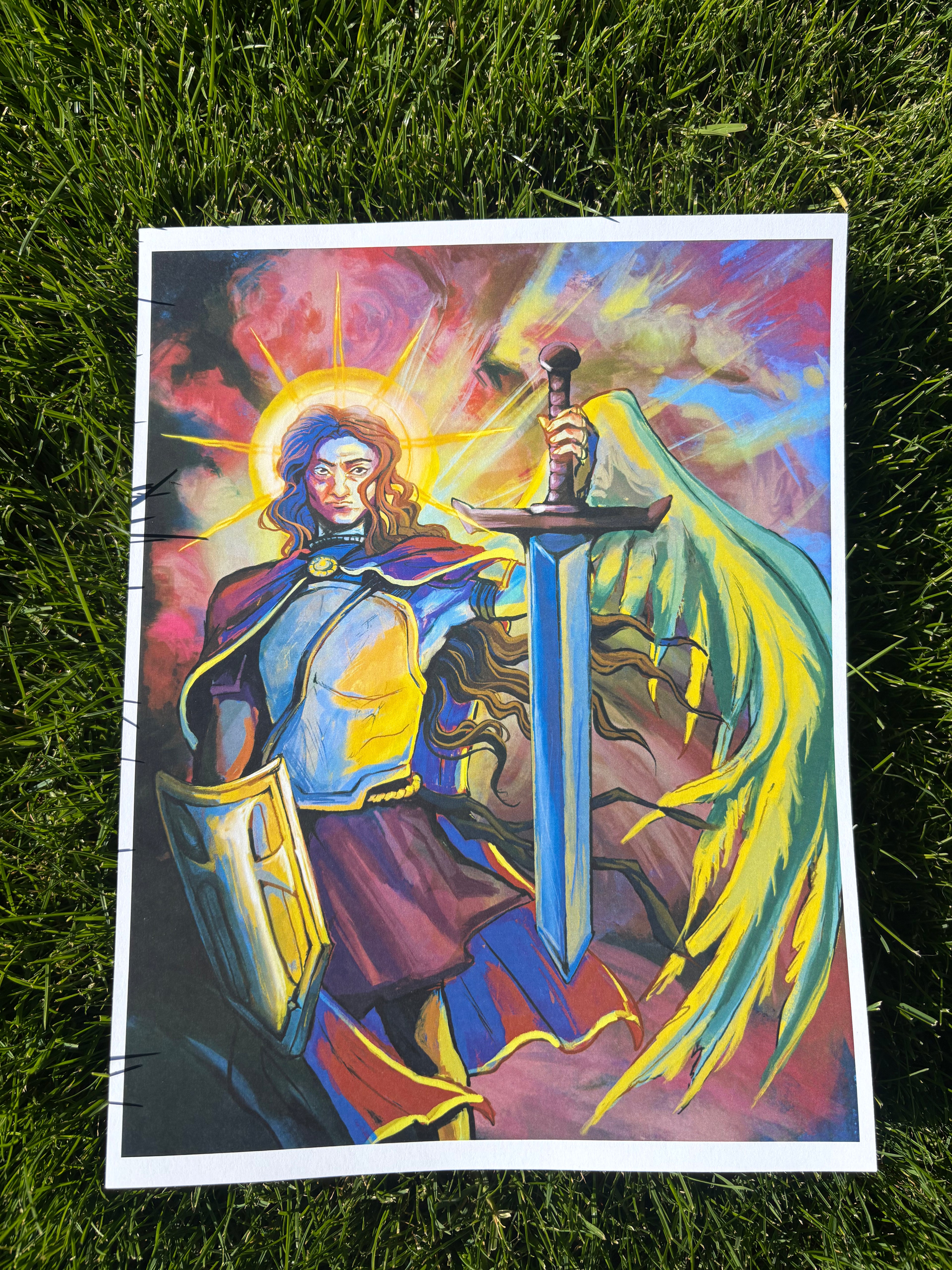 Colorful illustration of a warrior with a sword on grass