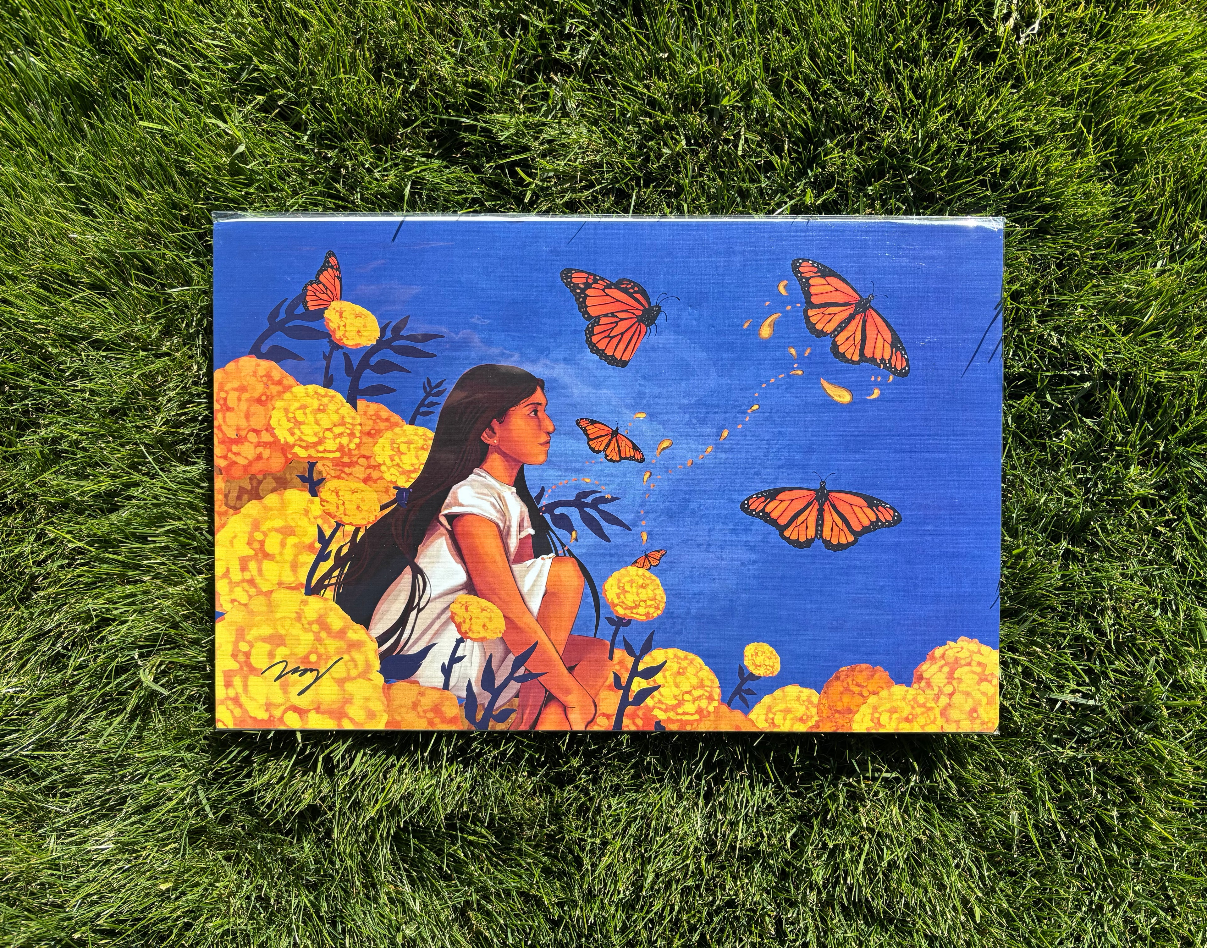 Art Print of a hispanic girl surrounded by flowers and butterflies on cempasuchil flowers