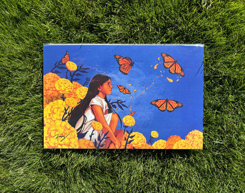 Art Print of a hispanic girl surrounded by flowers and butterflies on cempasuchil flowers