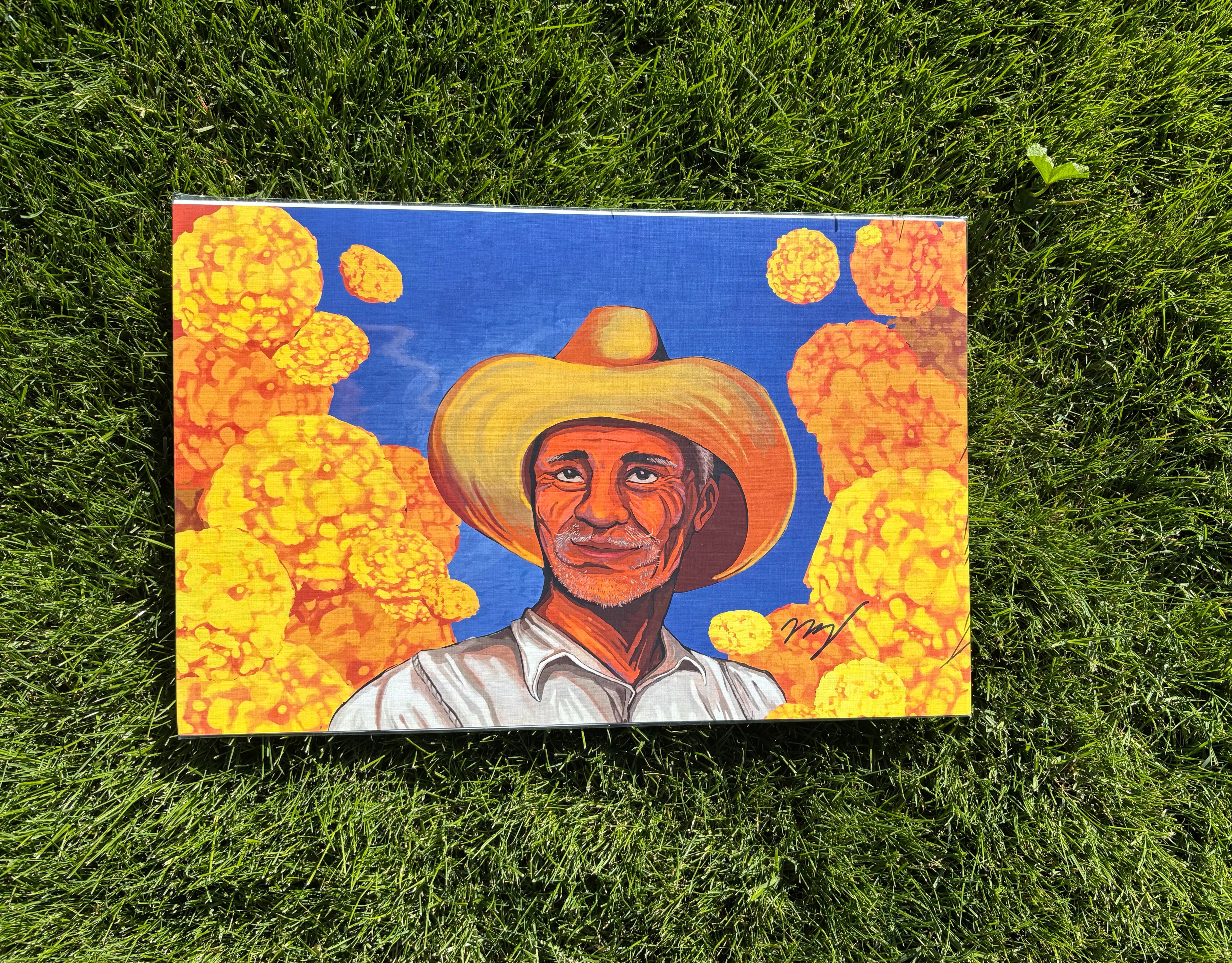 Colorful painting of a man in a hat within a cempasuchil field.